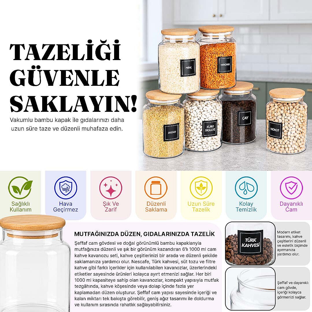 6'lı 1000 ml Ahşap Vakum Kapaklı Erzak Kavanozu Seti – Bakliyat Kuru Gıda Saklama Kabı - 2