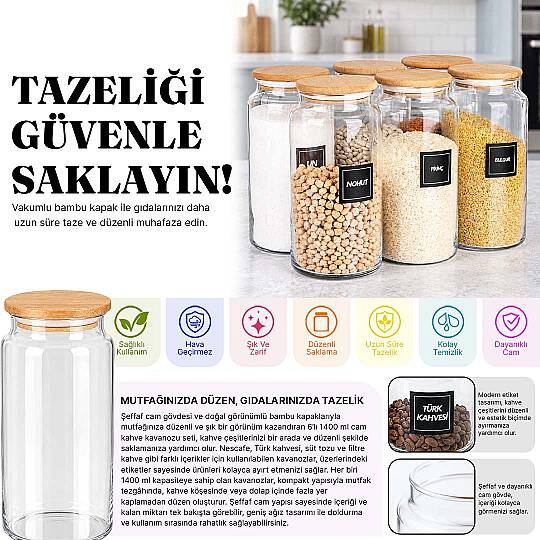 6'lı 1400 ml Ahşap Vakum Kapaklı Erzak Kavanozu Seti – Bakliyat Kuru Gıda Saklama Kabı - 2