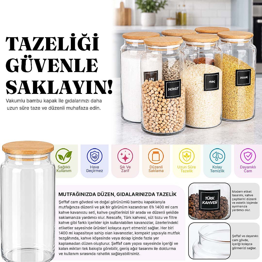 6'lı 1400 ml Ahşap Vakum Kapaklı Erzak Kavanozu Seti – Bakliyat Kuru Gıda Saklama Kabı - 2