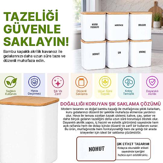 6'lı 900 ml Kare Akrilik Erzak Saklama Kabı Seti – Ahşap Vakum Kapaklı Bakliyat ve Kuru Gıda Kutusu - 2