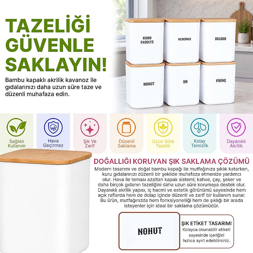 6'lı 900 ml Kare Akrilik Erzak Saklama Kabı Seti – Ahşap Vakum Kapaklı Bakliyat ve Kuru Gıda Kutusu - 2