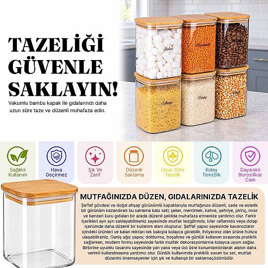 6lı Bambu Vakum Kapaklı  Borosilikat Cam Kavanoz Erzak Saklama Kabı 1000 ML - 2