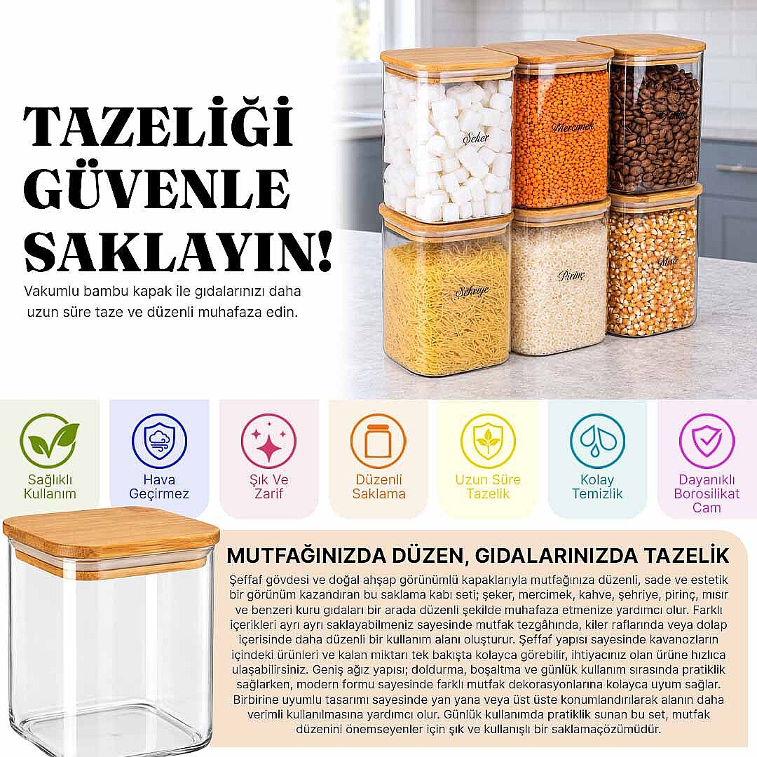 6lı Bambu Vakum Kapaklı Borosilikat Cam Kavanoz Erzak Saklama Kabı 1000 ML - 2