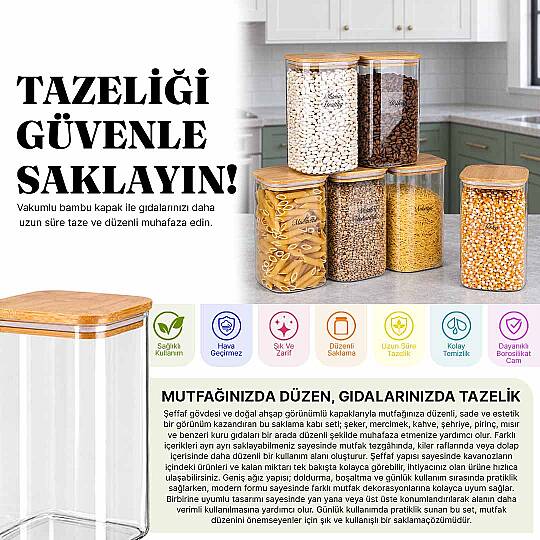 6Lı Bambu Vakum Kapaklı  Borosilikat Cam Kavanoz Erzak Saklama Kabı 1200 ML - 2