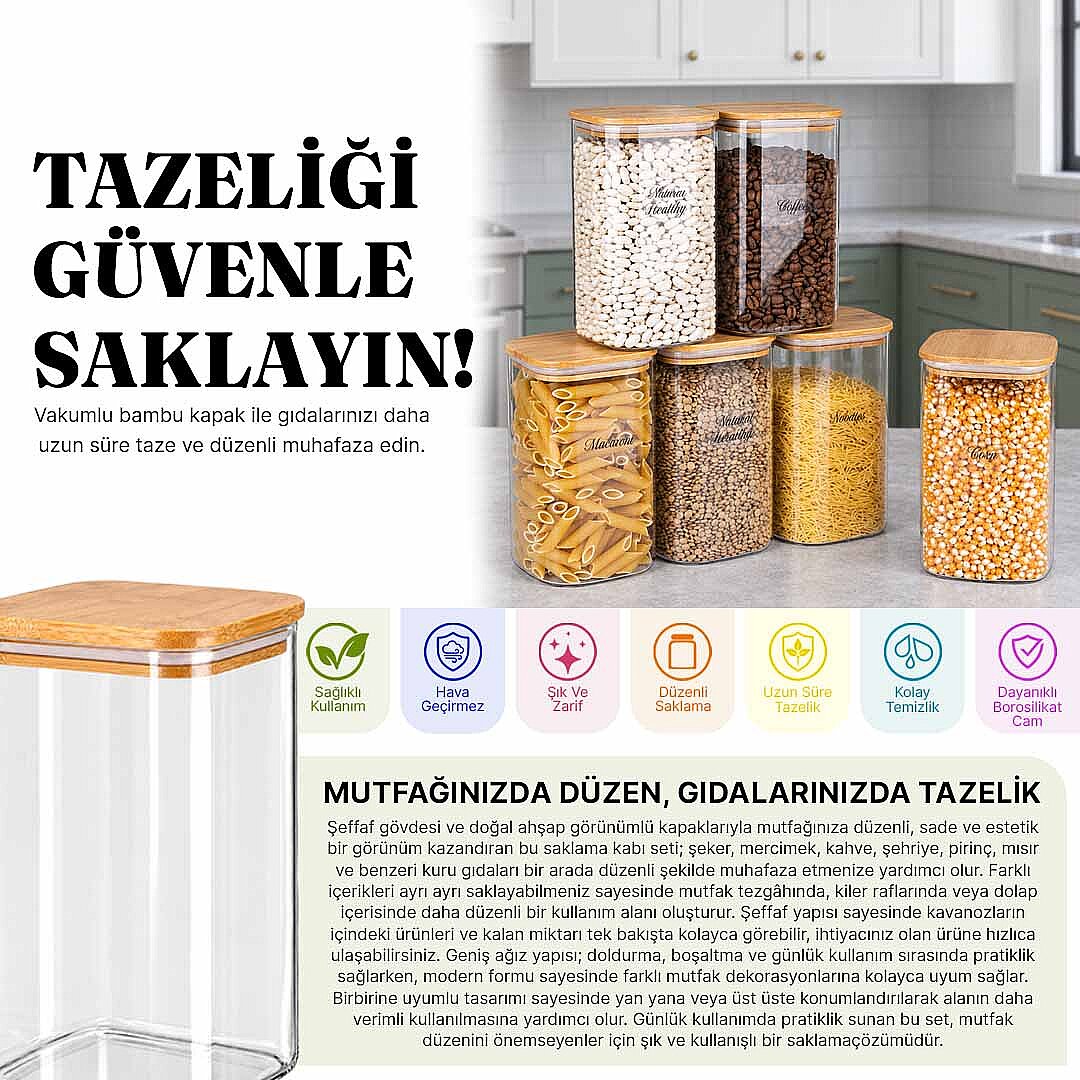 6Lı Bambu Vakum Kapaklı  Borosilikat Cam Kavanoz Erzak Saklama Kabı 1200 ML - 2