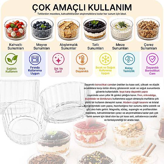 6 lı Cam Magnolia Tatlı Kase Seti - Isıya Dayanıklı Borosilikat Çerezlik Kahvaltılık Sunum Kase Takımı - 2