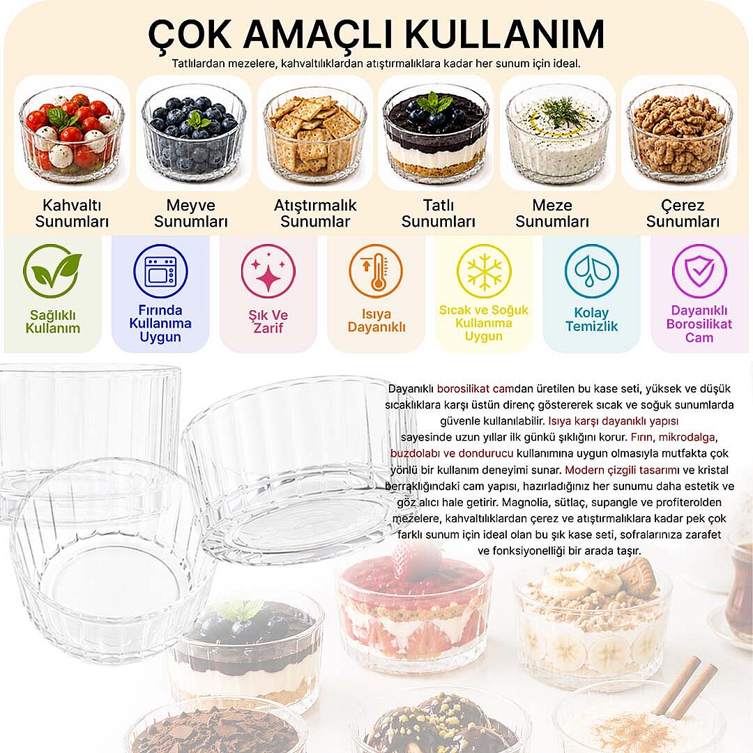 6 lı Cam Magnolia Tatlı Kase Seti - Isıya Dayanıklı Borosilikat Çerezlik Kahvaltılık Sunum Kase Takımı - 2