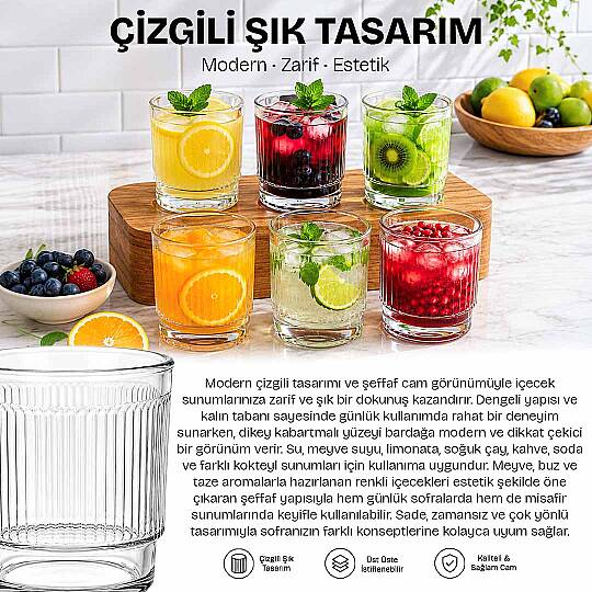 6lı Çizgili Cam Bardak Seti 350 cc - Su Bardağı Meşrubat Bardağı Kokteyl Bardağı - 2