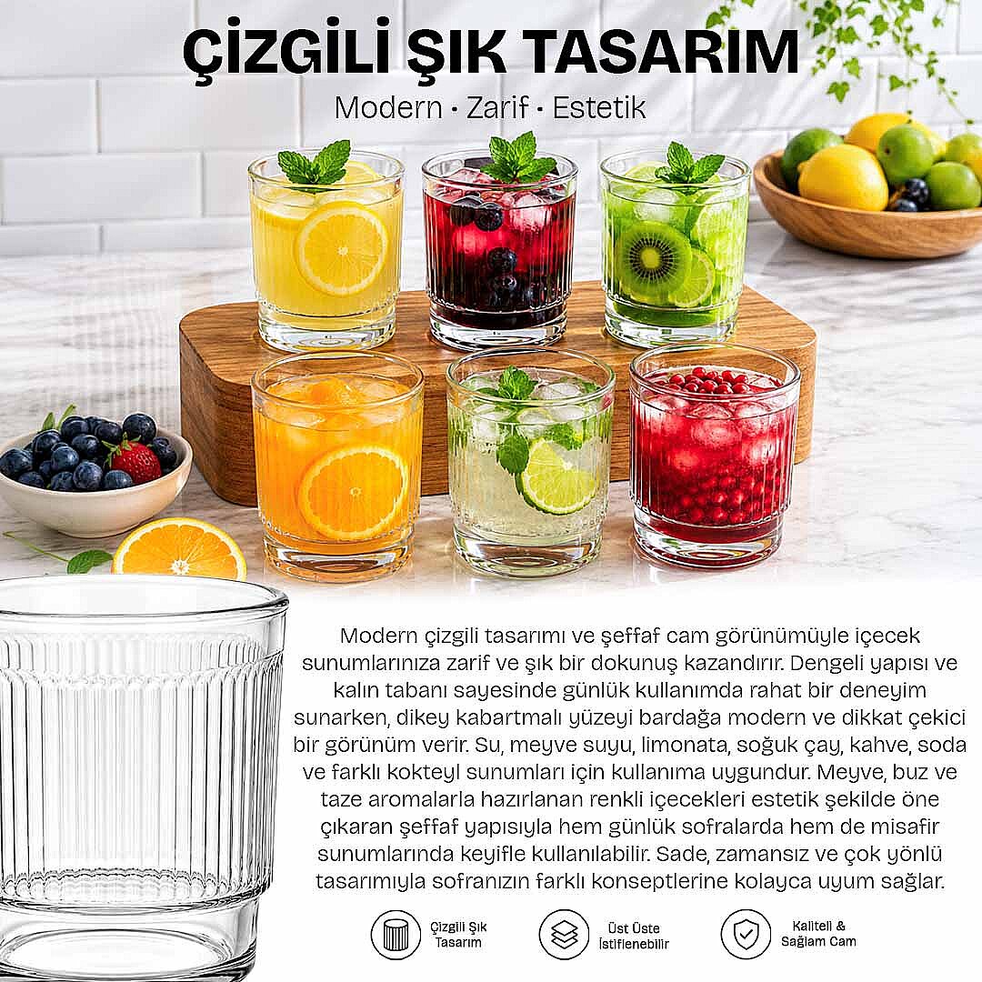 6lı Çizgili Cam Bardak Seti 350 cc - Su Bardağı Meşrubat Bardağı Kokteyl Bardağı - 2