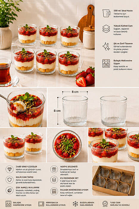 6lı Çizgili Cam Tatlı Sunum Kasesi 350 ml - Magnolia Cheesecake Kahvaltılık Çerezlik Servis Seti - 3