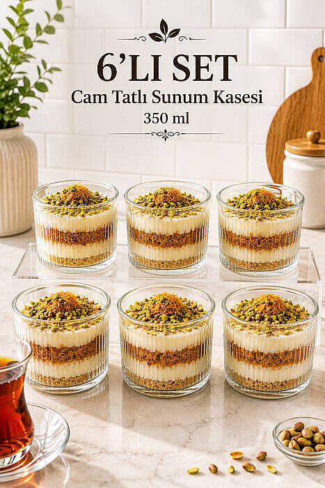 6lı Çizgili Cam Tatlı Sunum Kasesi 350 ml - Magnolia Cheesecake Kahvaltılık Çerezlik Servis Seti - 1