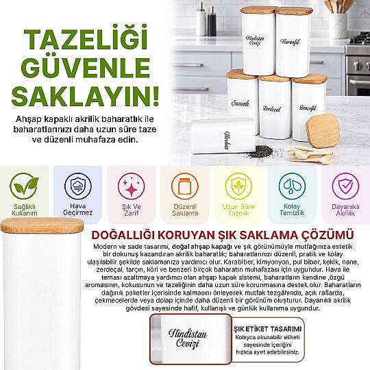 6'lı 300 ml Kaşıklı Porselen Görünümlü Akrilik Baharatlık Seti – Doğal Ahşap Vakum Kapaklı Etiketli - 2
