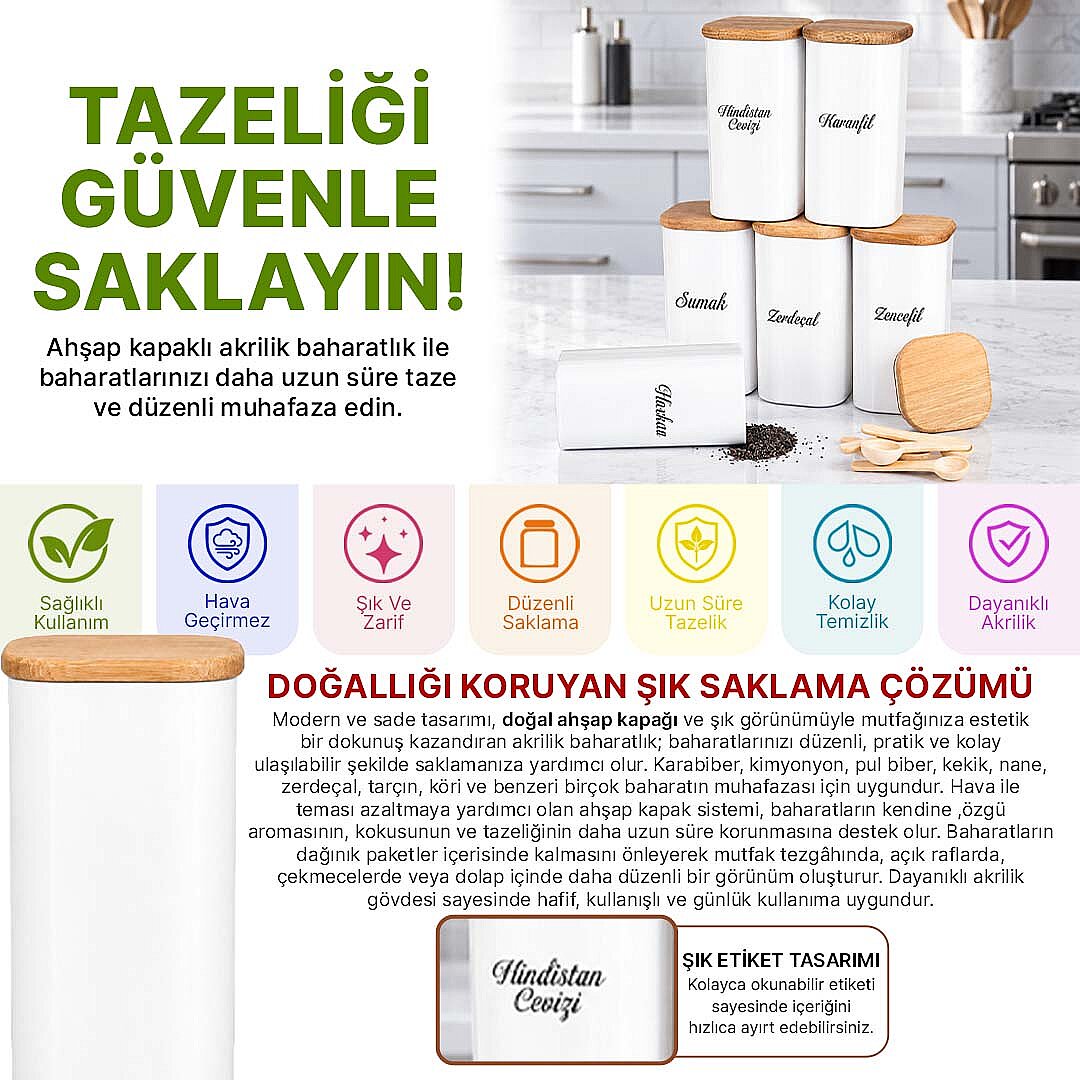 6'lı 300 ml Kaşıklı Porselen Görünümlü Akrilik Baharatlık Seti – Doğal Ahşap Vakum Kapaklı Etiketli - 2
