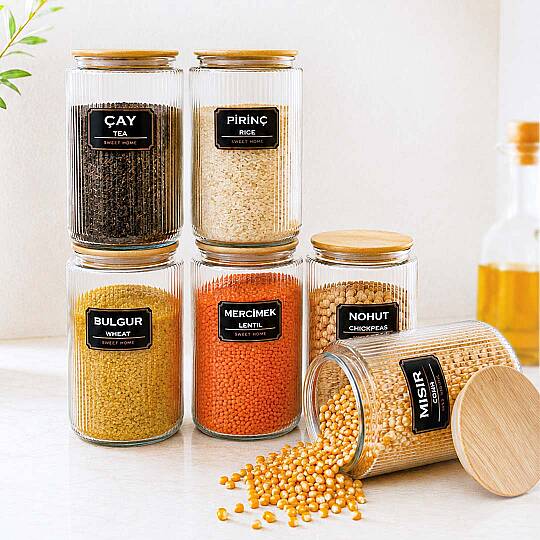 6’lı Etiketli Cam Kavanoz Seti – Bambu Vakum Kapaklı Çizgili Erzak Bakliyat Saklama Kabı 1000 ml