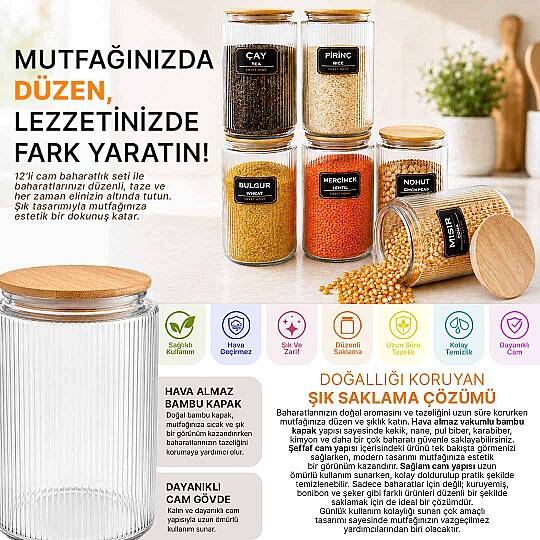 6’lı Etiketli Cam Kavanoz Seti – Bambu Vakum Kapaklı Çizgili Erzak Bakliyat Saklama Kabı 1000 ml - 2