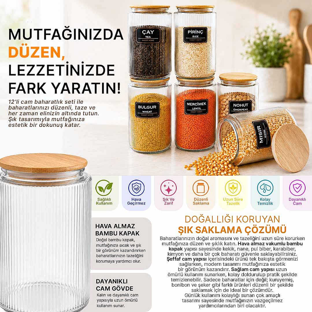 6’lı Etiketli Cam Kavanoz Seti – Bambu Vakum Kapaklı Çizgili Erzak Bakliyat Saklama Kabı 1000 ml - 2