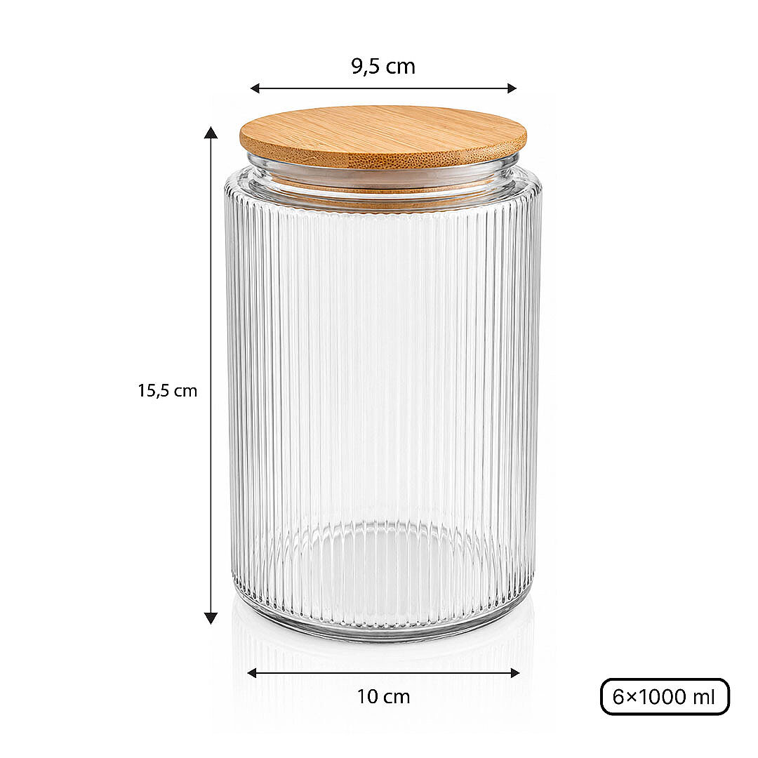 6’lı Etiketli Cam Kavanoz Seti – Bambu Vakum Kapaklı Çizgili Erzak Bakliyat Saklama Kabı 1000 ml - 3