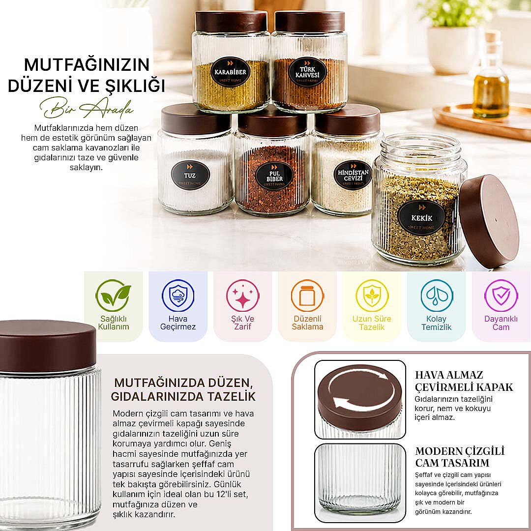 6lı Etiketli Çizgili Cam Kavanoz Baharatlık Seti – Plastik Contalı Hava Almaz Kapaklı Baharatlık Saklama Kabı 6 x 500 ml - 2
