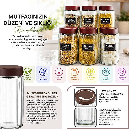 6lı Etiketli Çizgili Cam Kavanoz Seti – Plastik Contalı Hava Almaz Kapaklı Erzak Bakliyat Saklama Kabı 6 x 1 L - 2