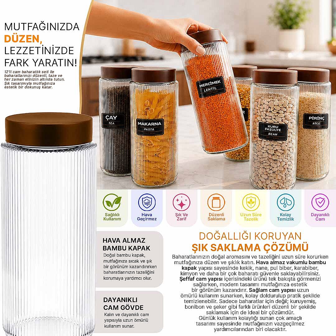 6’lı Jumbo Boy Kapaklı Cam Erzak Kavanozu Saklama Kabı 1500 ml - 2