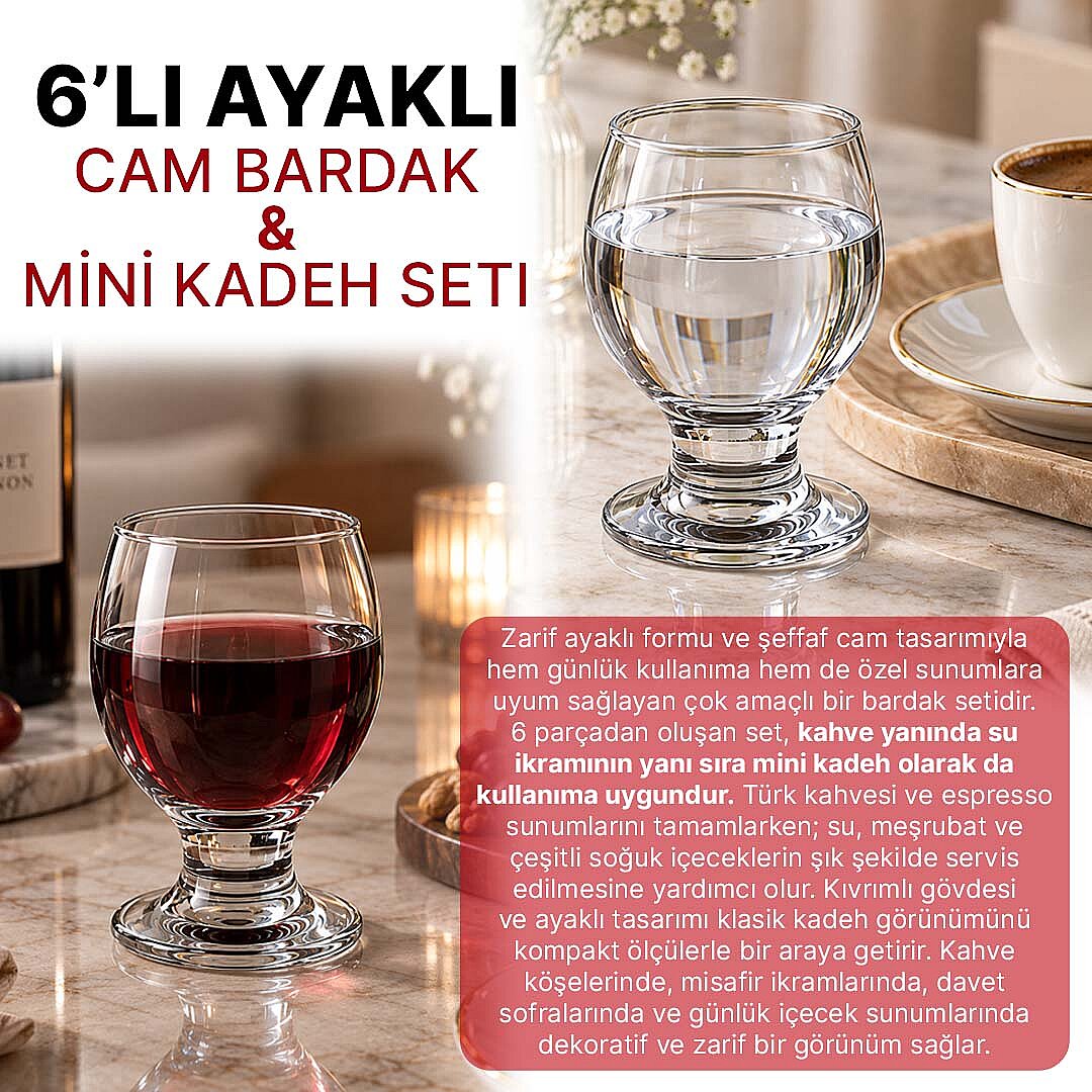 6'lı Kahve Yanı Su Bardağı Seti – Ayaklı Cam Kadeh Kahve Sunum Bardak Takımı - 2
