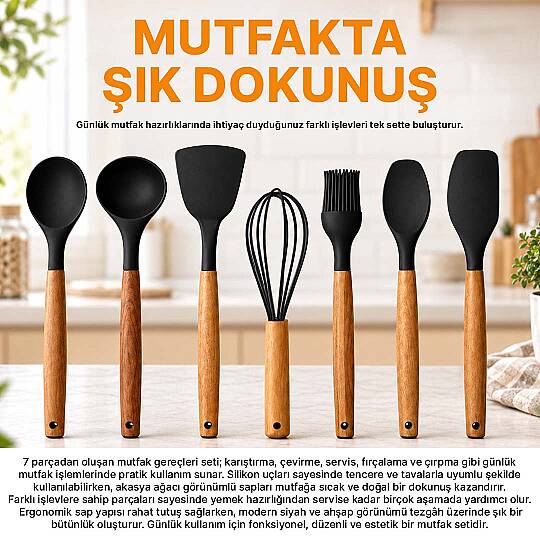 7li Servis Seti - Akasya Saplı Isıya Dayanıklı Silikon Kaşık Kepçe Spatula Çırpıcı Mutfak Gereçleri - 2