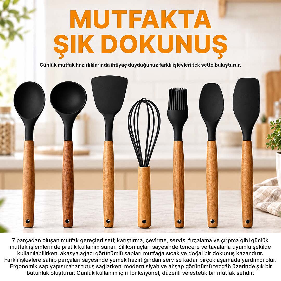 7li Servis Seti - Akasya Saplı Isıya Dayanıklı Silikon Kaşık Kepçe Spatula Çırpıcı Mutfak Gereçleri - 2