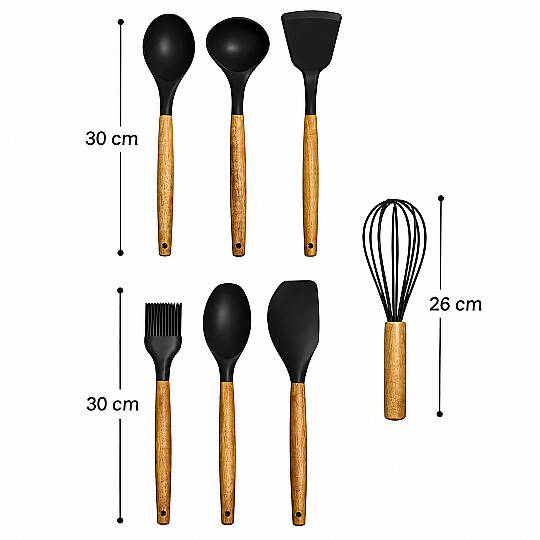 7li Servis Seti - Akasya Saplı Isıya Dayanıklı Silikon Kaşık Kepçe Spatula Çırpıcı Mutfak Gereçleri - 3