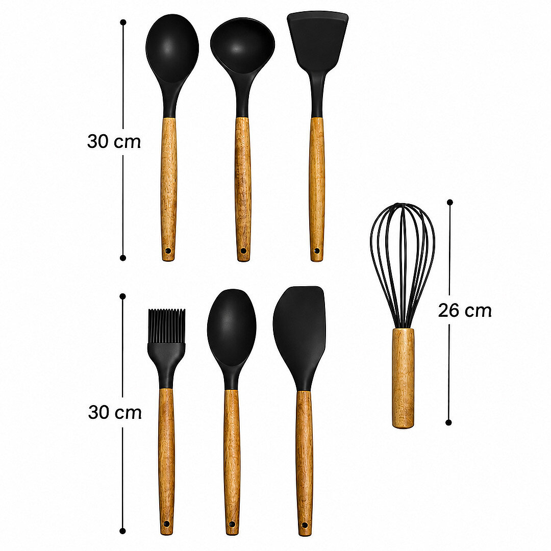 7li Servis Seti - Akasya Saplı Isıya Dayanıklı Silikon Kaşık Kepçe Spatula Çırpıcı Mutfak Gereçleri - 3
