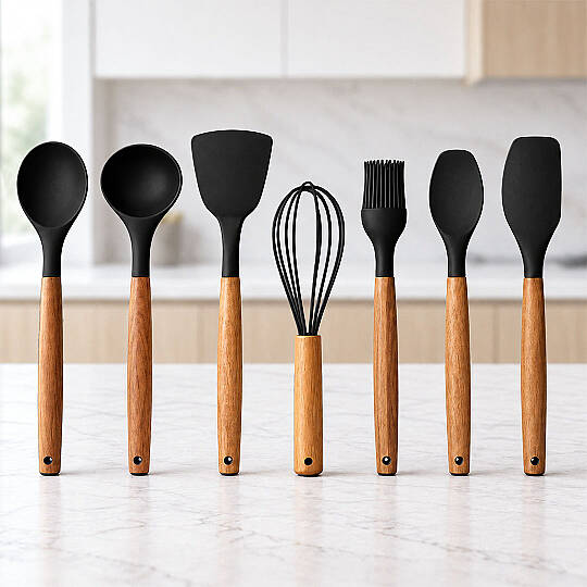 7li Servis Seti - Akasya Saplı Isıya Dayanıklı Silikon Kaşık Kepçe Spatula Çırpıcı Mutfak Gereçleri