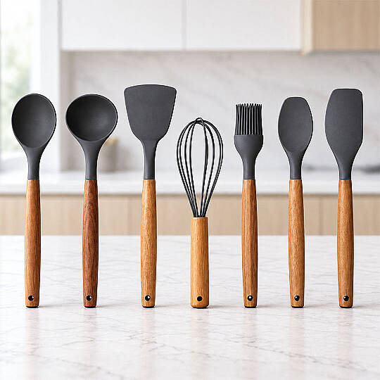 7li Servis Seti - Akasya Saplı Isıya Dayanıklı Silikon Kaşık Kepçe Spatula Çırpıcı Mutfak Gereçleri