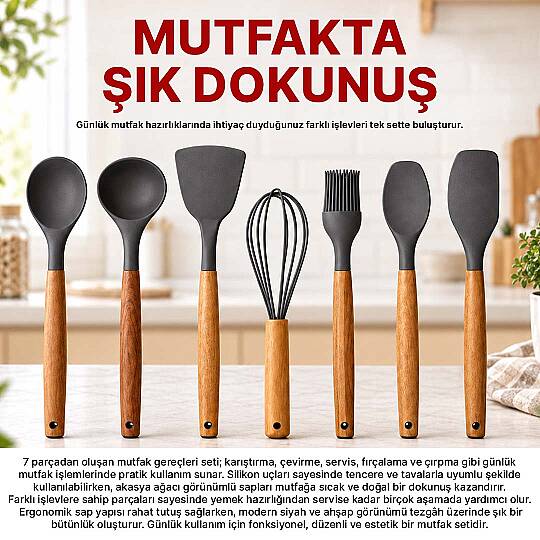 7li Servis Seti - Akasya Saplı Isıya Dayanıklı Silikon Kaşık Kepçe Spatula Çırpıcı Mutfak Gereçleri - 2
