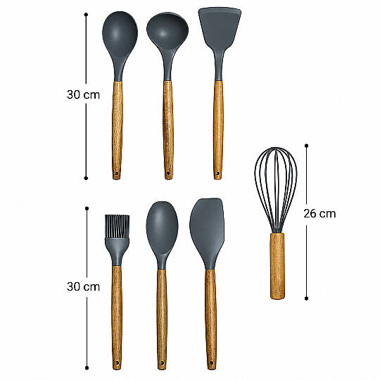 7li Servis Seti - Akasya Saplı Isıya Dayanıklı Silikon Kaşık Kepçe Spatula Çırpıcı Mutfak Gereçleri - 3