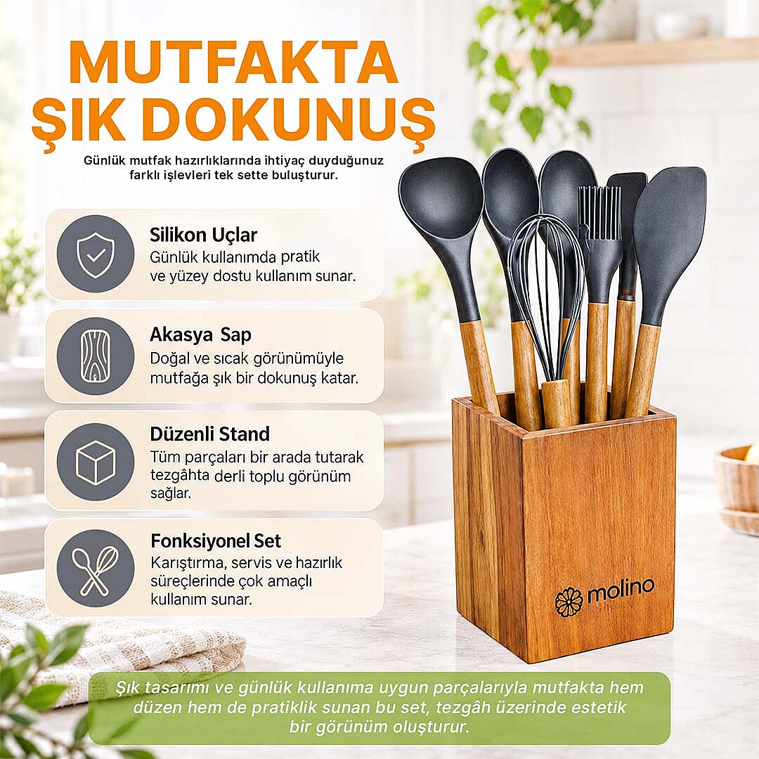 8 Parça Mutfak Seti – Akasya Saplı Silikon Kepçe & Spatula & Çırpıcı Seti - Tezgah Üstü Kaşıklık Gri - 2