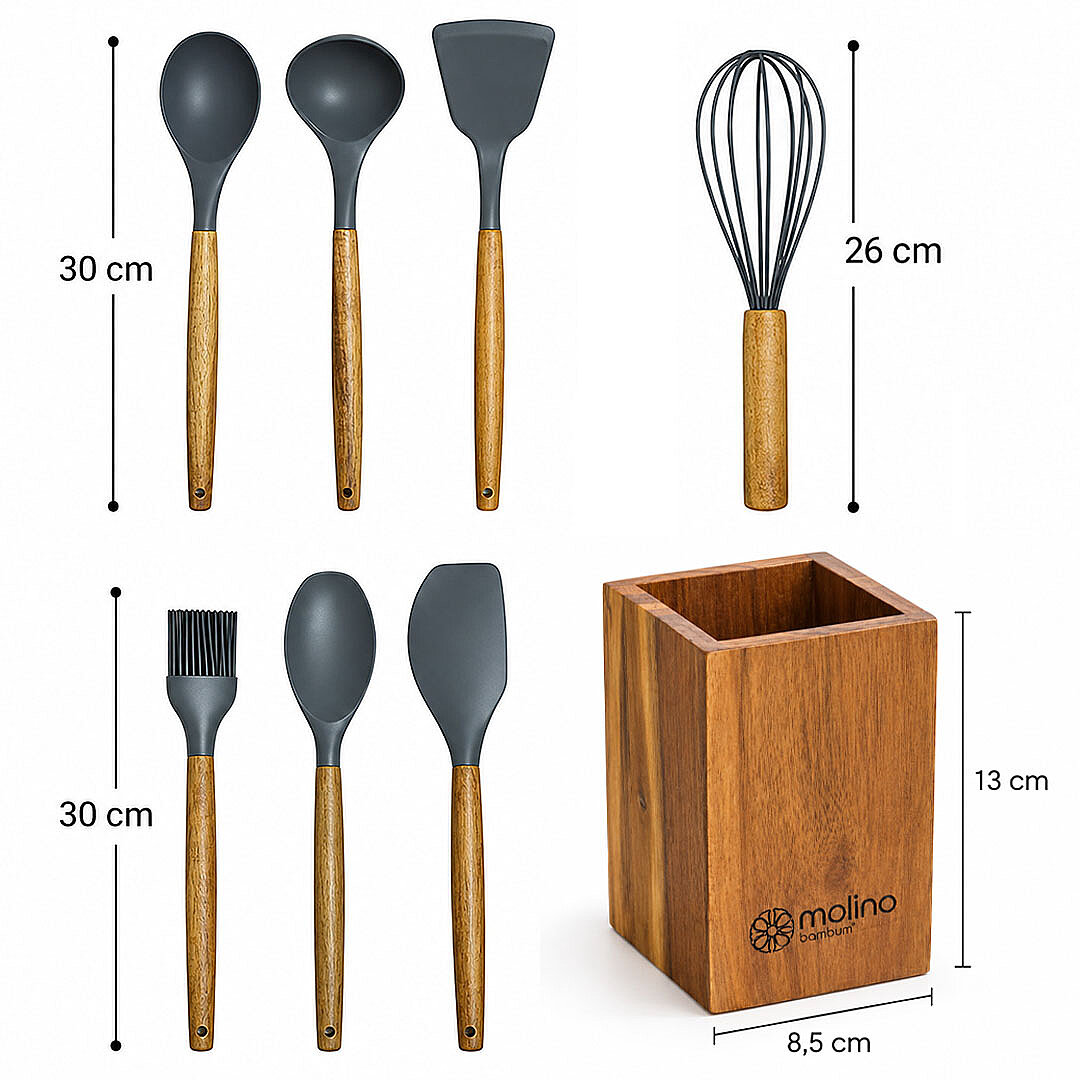8 Parça Mutfak Seti – Akasya Saplı Silikon Kepçe & Spatula & Çırpıcı Seti - Tezgah Üstü Kaşıklık Gri - 3