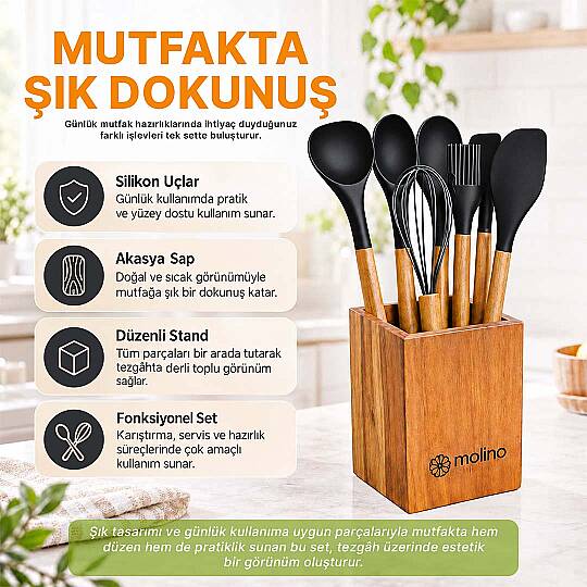 8 Parça Mutfak Seti – Akasya Saplı Silikon Kepçe & Spatula & Çırpıcı Seti Tezgah Üstü Kaşıklık Siyah - 2