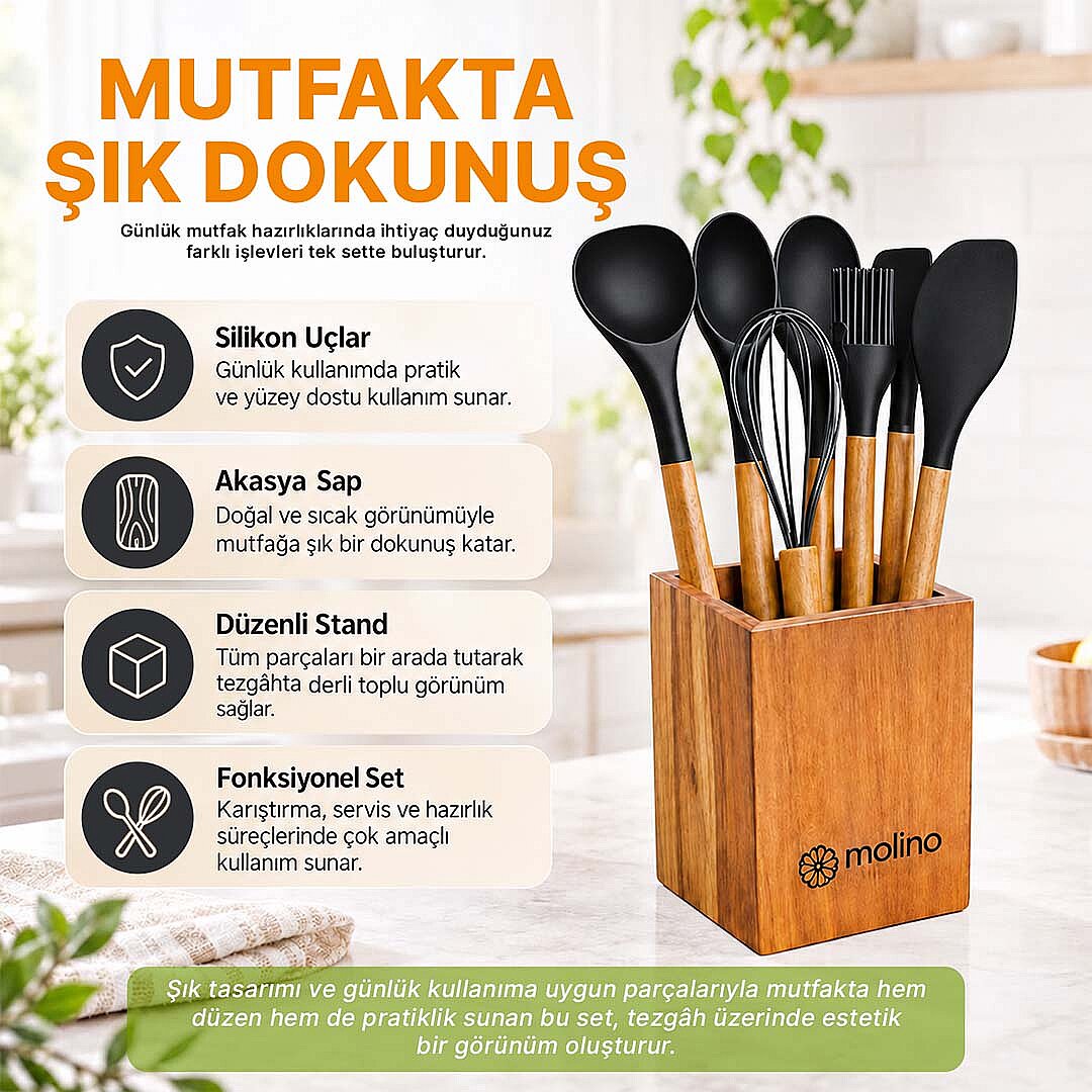 8 Parça Mutfak Seti – Akasya Saplı Silikon Kepçe & Spatula & Çırpıcı Seti Tezgah Üstü Kaşıklık Siyah - 2