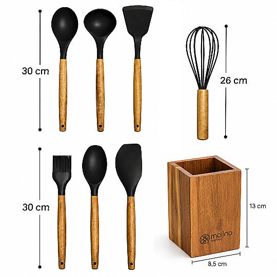8 Parça Mutfak Seti – Akasya Saplı Silikon Kepçe & Spatula & Çırpıcı Seti Tezgah Üstü Kaşıklık Siyah - 3