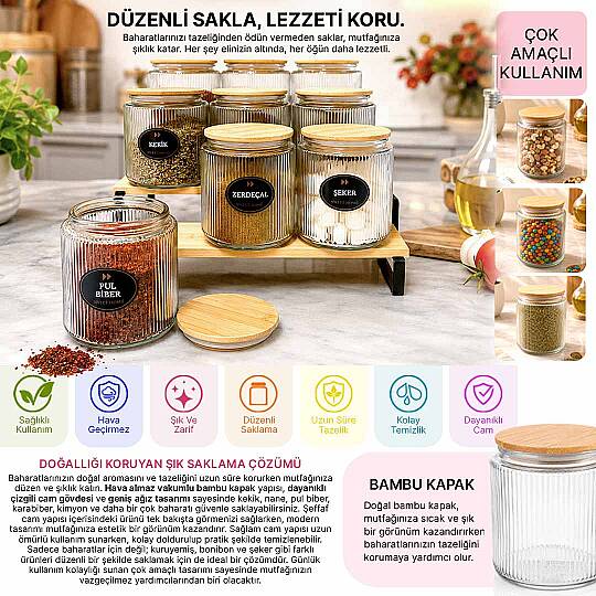 9'lu Bambu Standlı Cam Baharatlık Seti – Ahşap Vakum Kapaklı Baharat Saklama Kavanozu ve Düzenleyici - 2