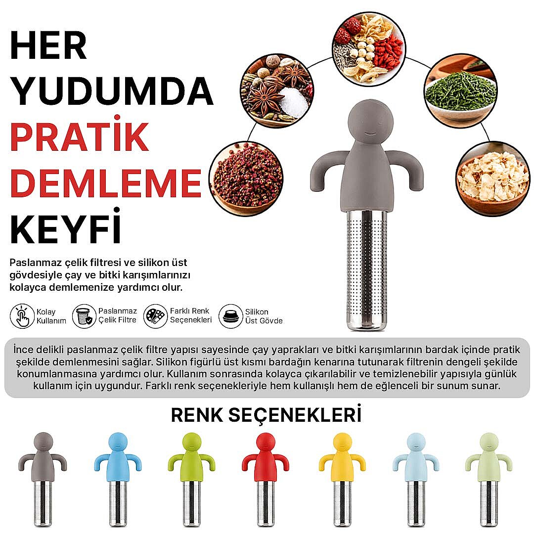 Adam Figürlü Paslanmaz Çelik Çay Süzgeci - Bitki Çayı Filtresi Demleme Bardak Demlik Aparatı - 2