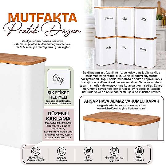 6'lı 3 Lt Ahşap Kapaklı Akrilik Erzak Saklama Kabı – Bakliyat Kuru Gıda Düzenleyici Set - 2