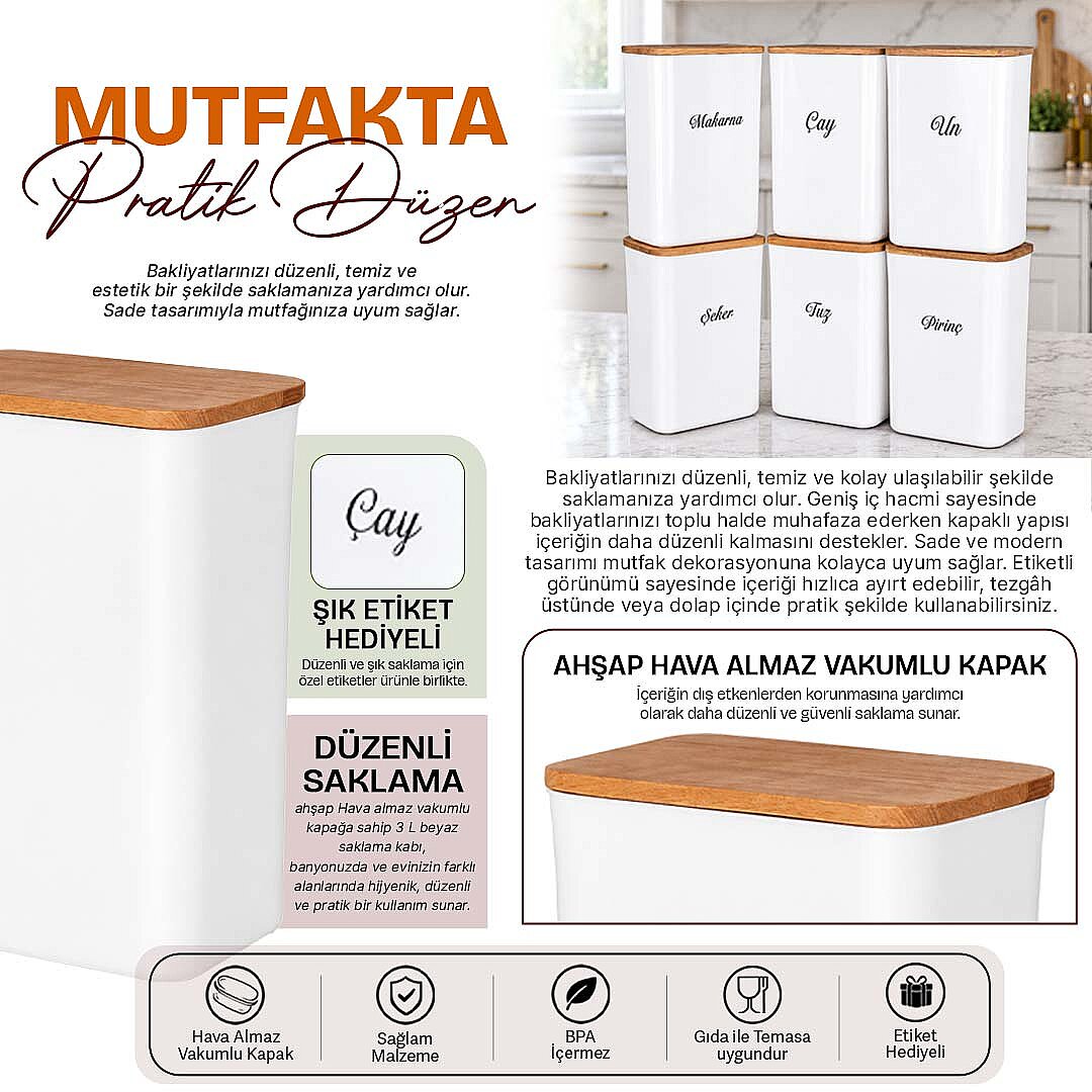 6'lı 3 Lt Ahşap Kapaklı Akrilik Erzak Saklama Kabı – Bakliyat Kuru Gıda Düzenleyici Set - 2
