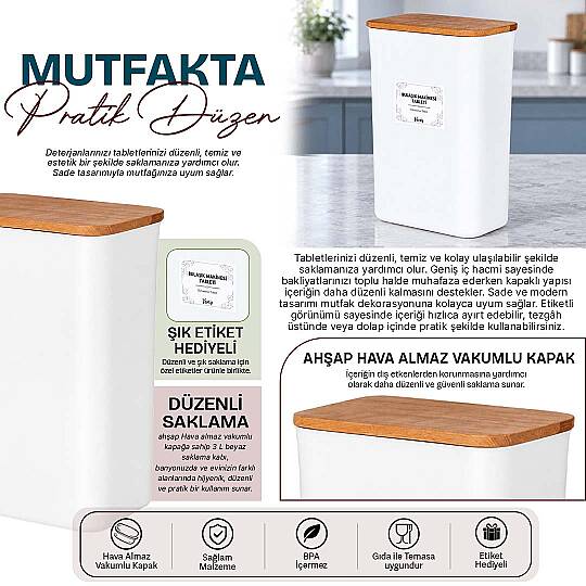 Ahşap Kapaklı Akrilik Bulaşık Makinesi Tableti Kutusu – Tablet Deterjan Saklama Kabı Mutfak Düzenleyici - 2