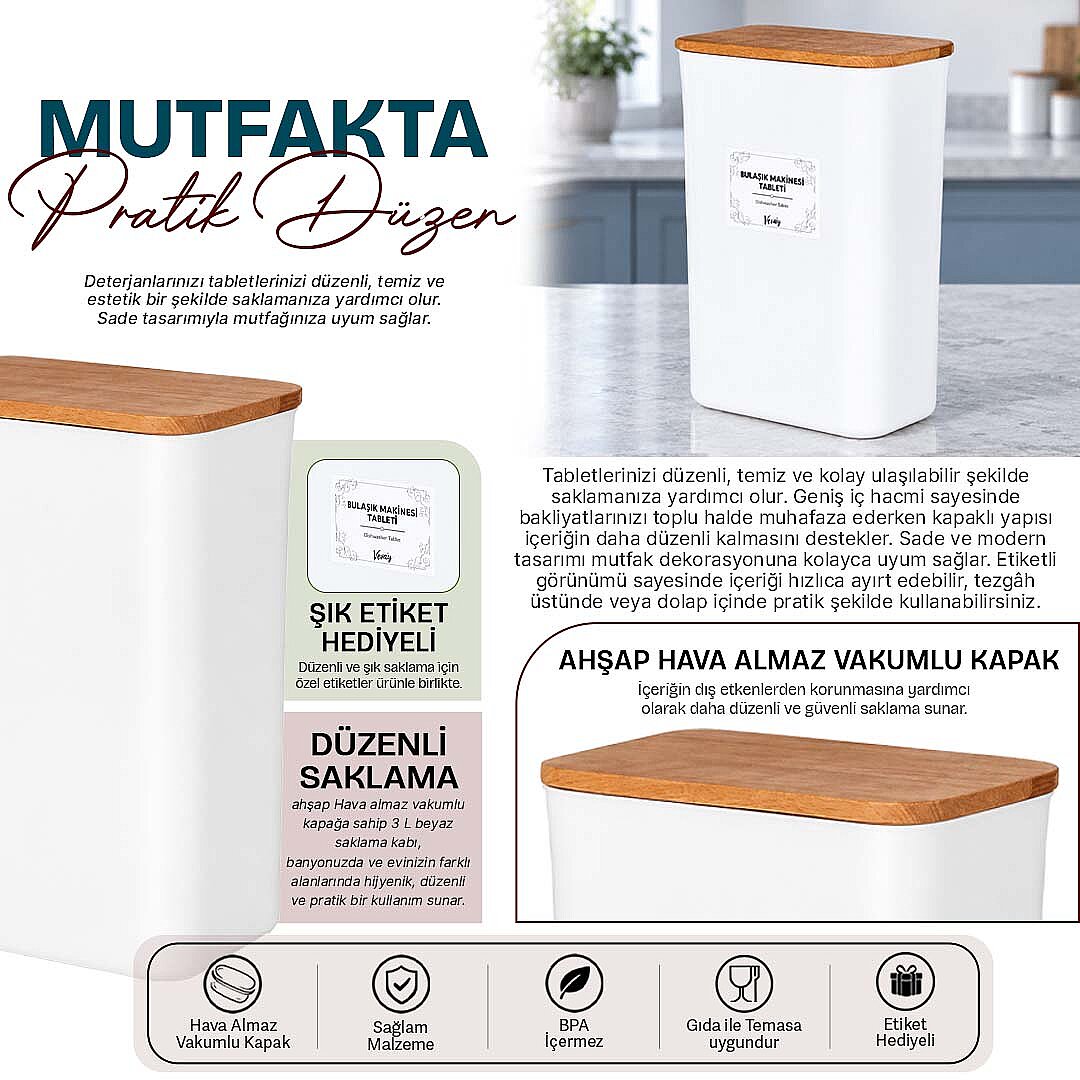 Ahşap Kapaklı Akrilik Bulaşık Makinesi Tableti Kutusu – Tablet Deterjan Saklama Kabı Mutfak Düzenleyici - 2