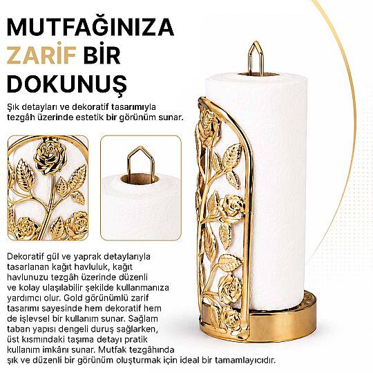 Altın Renk Gül Desenli Metal Kağıt Havluluk – Dekoratif Mutfak Tezgah Üstü Rulo Havlu Standı - 2
