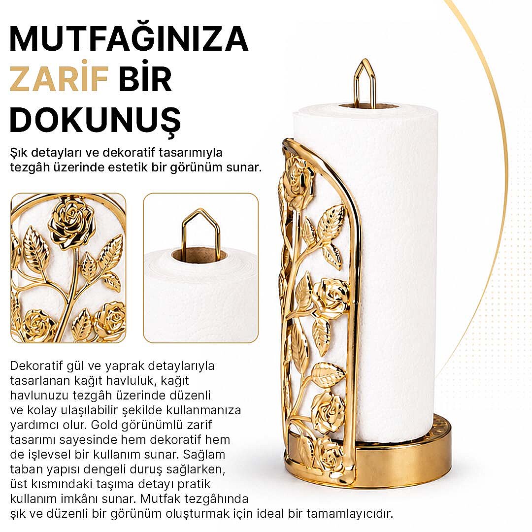 Altın Renk Gül Desenli Metal Kağıt Havluluk – Dekoratif Mutfak Tezgah Üstü Rulo Havlu Standı - 2