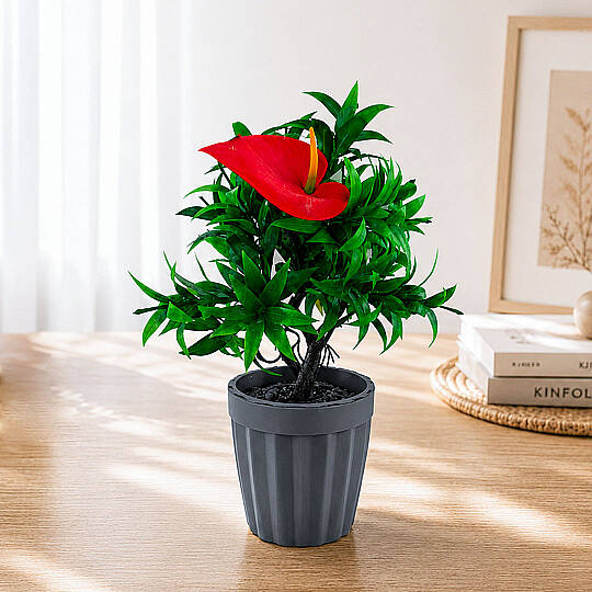 Antoryum (Flamingo) Dekoratif Saksılı Yapay Çiçek - Yeşil Yapraklı Balkon Salon Mutfak Ofis Dekor Çiçeği