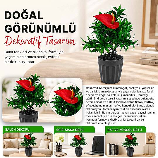 Antoryum (Flamingo) Dekoratif Saksılı Yapay Çiçek - Yeşil Yapraklı Balkon Salon Mutfak Ofis Dekor Çiçeği - 2