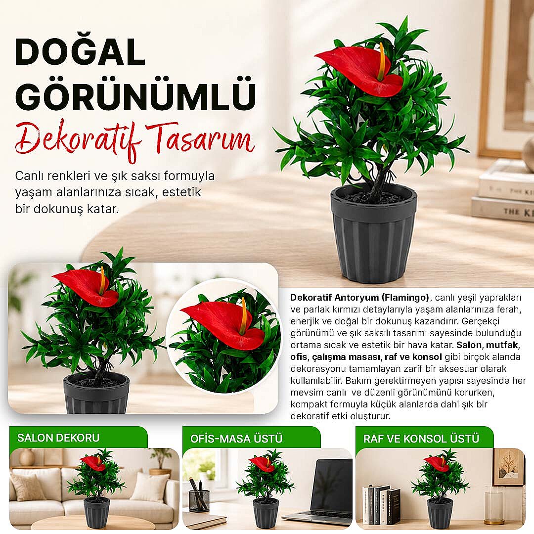 Antoryum (Flamingo) Dekoratif Saksılı Yapay Çiçek - Yeşil Yapraklı Balkon Salon Mutfak Ofis Dekor Çiçeği - 2