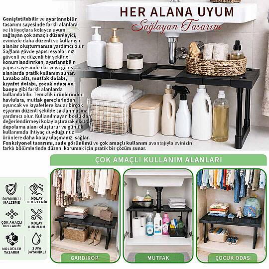 Ayarlanabilir Genişletilebilir Tezgah Altı Düzenleyici Raf Banyo Mutfak Dolap Organizeri Deterjanlık - 3